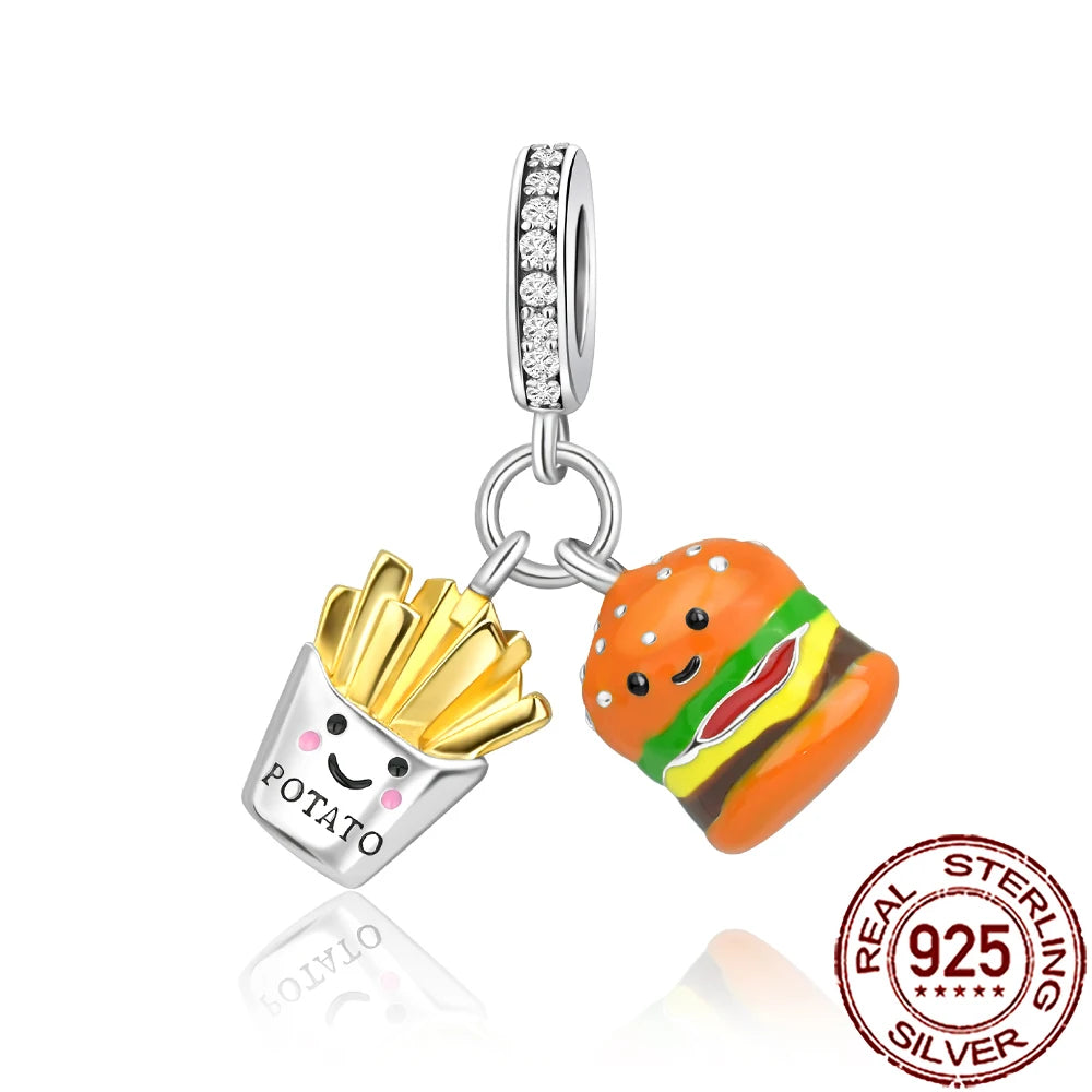 2025 New 925 Sterling Silver Coffee, Cake, Fruit & Burger Charms | Fit Pandora Bracelet & Necklace DIY Jewelry