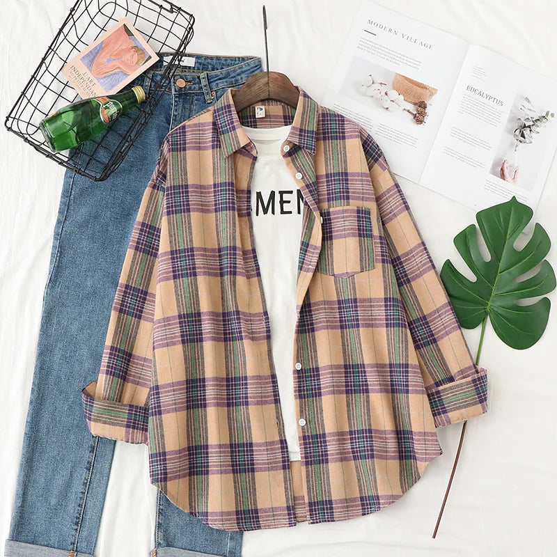 Women’s Plaid Shirt | Spring Autumn Long Sleeve Blouse | Casual Cotton Checkered Top