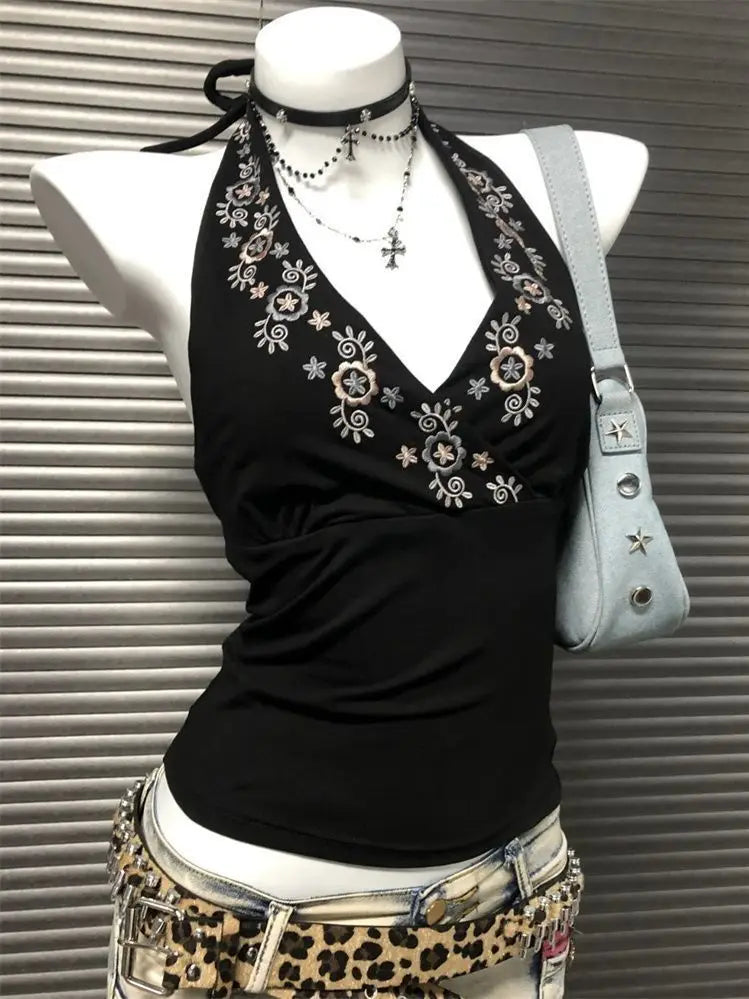2025 Summer Women’s Floral Halter Lace Blouse – Vintage Sexy Slim Fit Korean Fashion Top