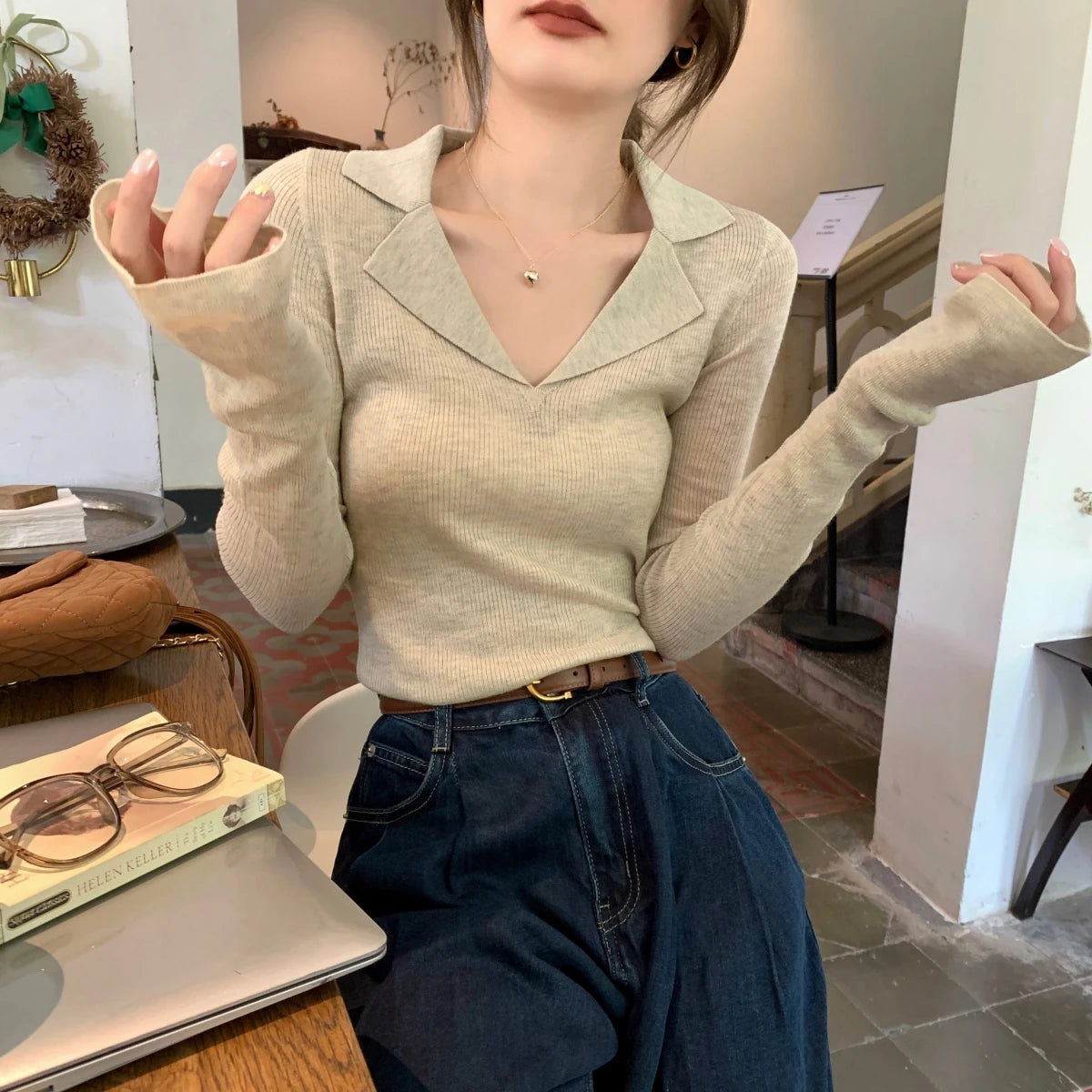 French Style Knitted Long Sleeve V-Neck Collar Sweater – Women’s Winter Base Layer Top | Stretchy Fit for Young Women