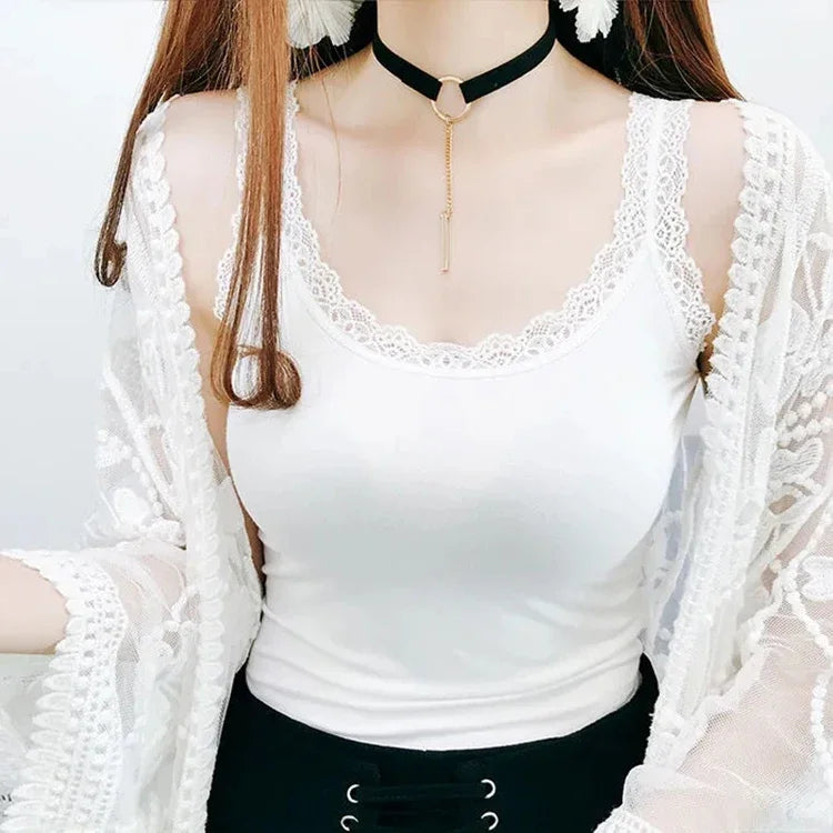 White & Black Lace Trim V-Neck Camisole | Plus Size Slim Crop Tank Top Sleep Vest