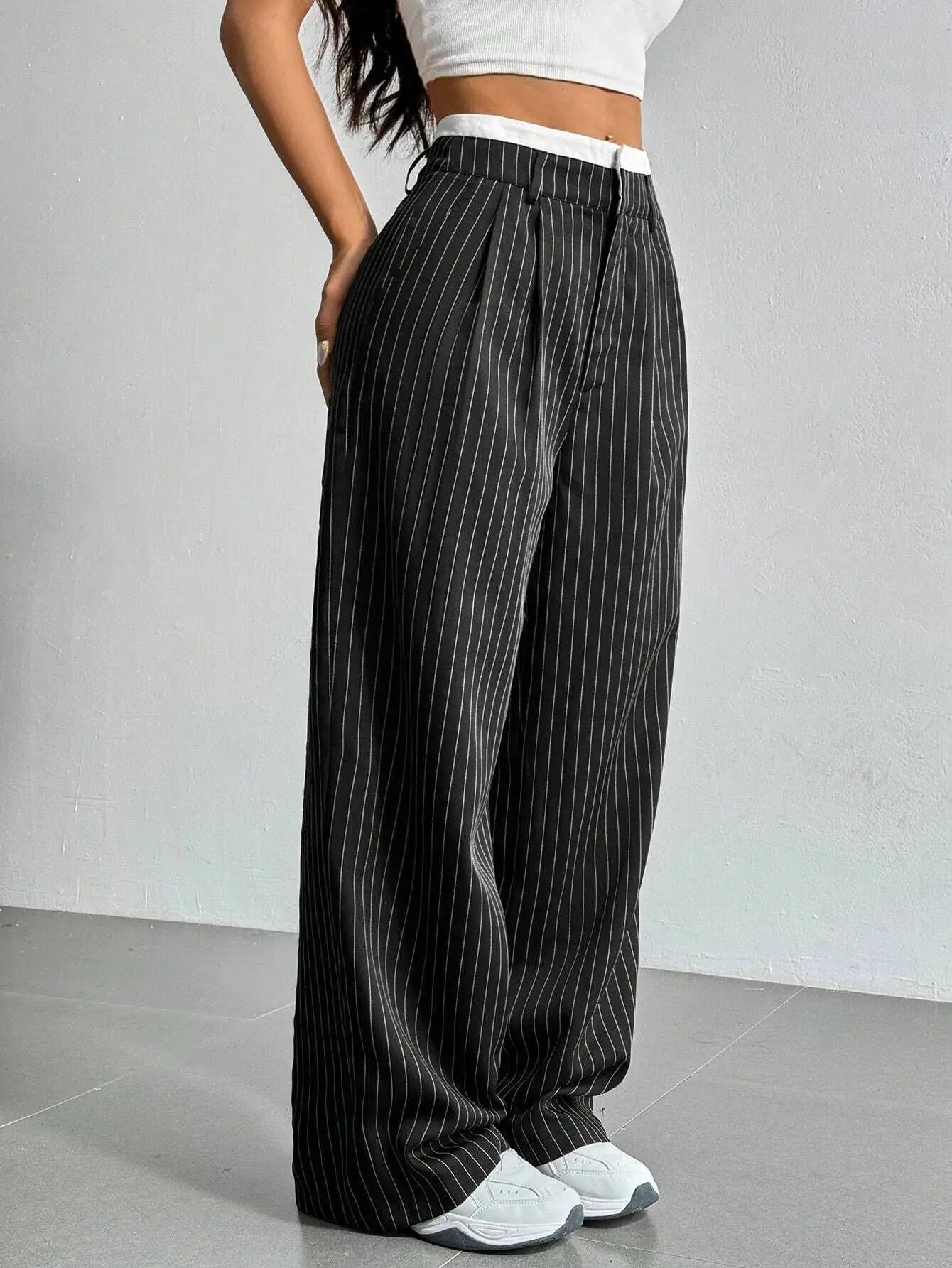 Women’s High Waist Straight Leg Pinstripe Trousers | Office & Casual Striped Dress Pants with Pockets