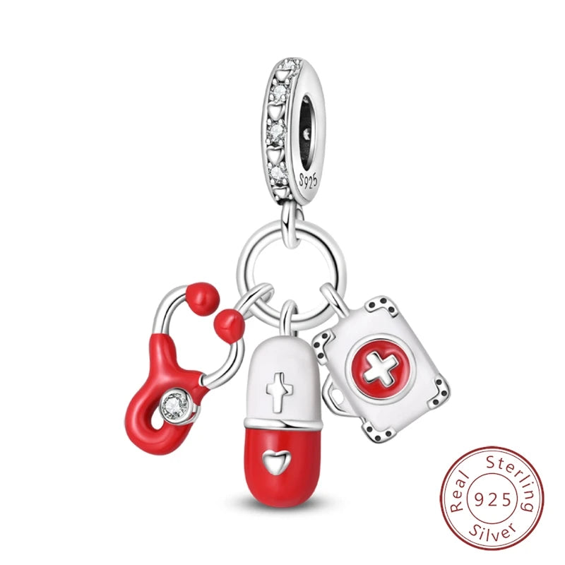 Doctor Nurse 925 Sterling Silver Charms Beads | Original Trendy Medical Pendant for DIY Bracelet Jewelry