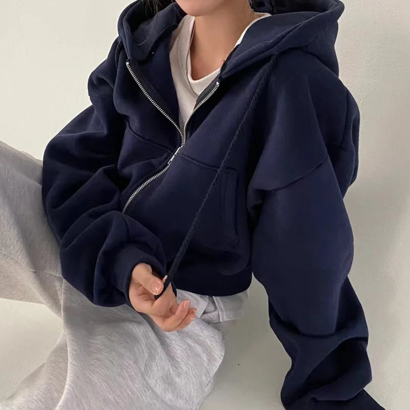 2024 Women’s Fleece-Lined Cropped Zip-Up Hoodie | Warm Slim Fit Navy Blue Sweatshirt for Spring & Autumn