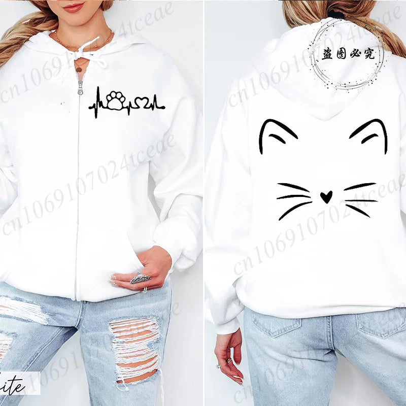 Women’s Cat Heartbeat Zipper Hoodie | Cute Zip-Up Sweatshirt | Autumn Winter Streetwear Jacket