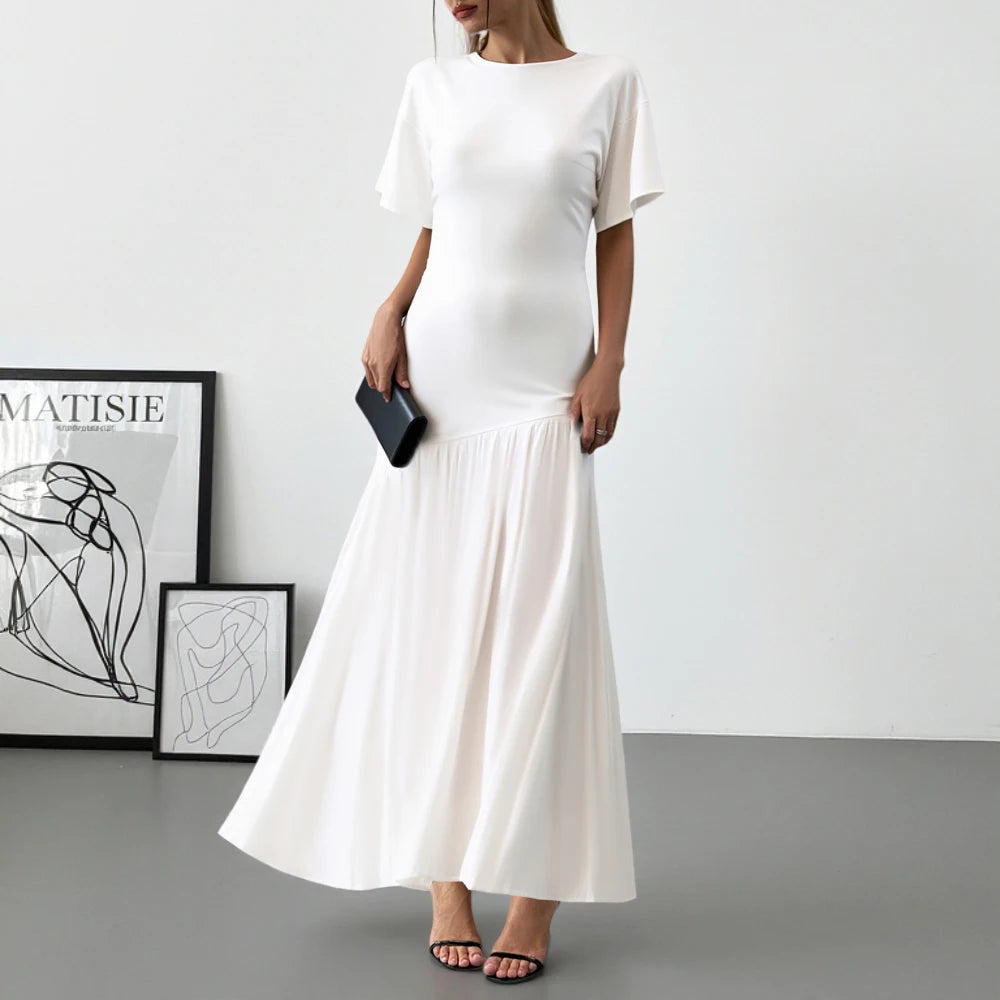 2025 Women's Evening Dress 👗 Must-Have White Maxi Gown 🌟 Short Sleeve Round Neck Lettuce Trim Elegant Party Dress ✨
