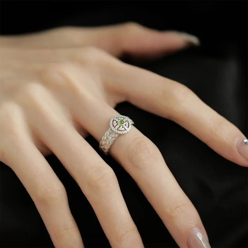 PANJBJ 925 Sterling Silver Hotan Jade Geometric Adjustable Ring | Retro Delicate Jewelry Gift for Women