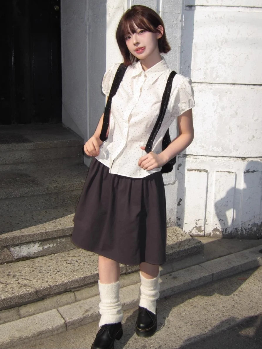 Sweet Korean Style Polka Dot Short Sleeve Blouse | Women’s Slim Fit Summer Top with Bubble Sleeves