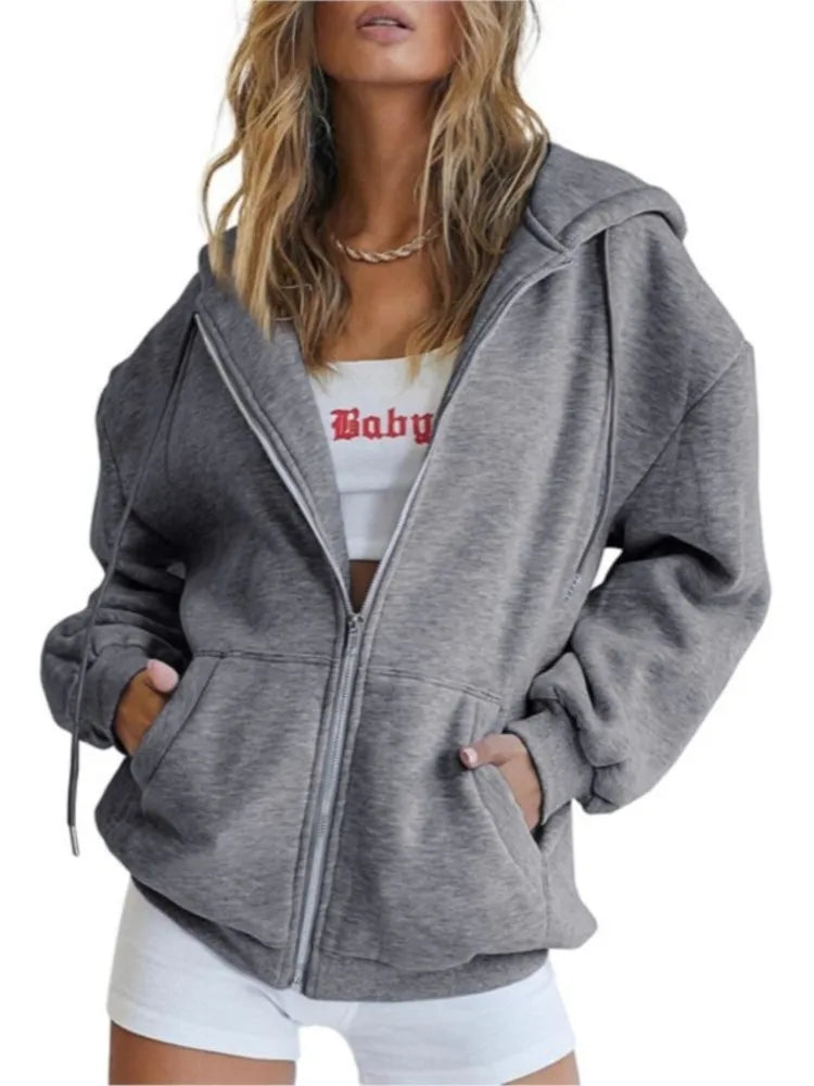 2024 Women’s Solid Hoodie | Elegant Long Sleeve Zipper Drawstring Sweatshirt | Casual Hooded Top with Pockets