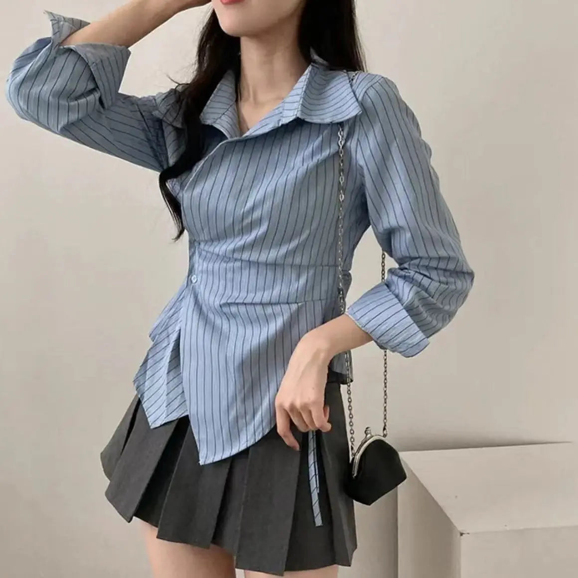 ✨ Slimming Effect White Asymmetrical Long Sleeve Top 👚 Waist-Cinching French Style Loose Fit 🌸 Women’s Premium Spring & Autumn Fashion
