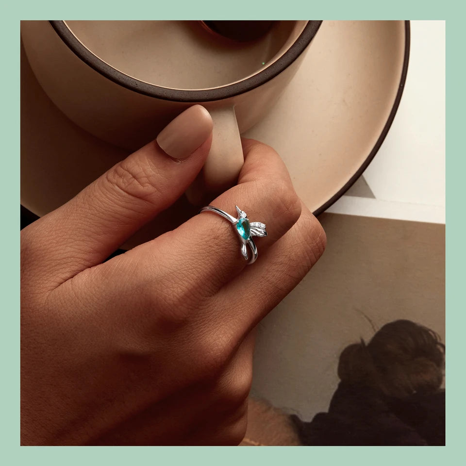 BISAER 925 Sterling Silver Floral Bird Open Ring | Adjustable White Gold Plated Flower Band for Women – Fine Party Jewelry