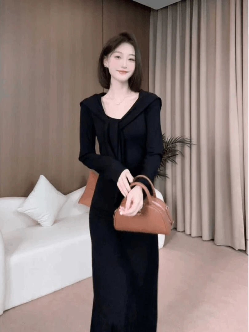 Early Autumn Korean Sle Knitted Slim Fit Long Sve Dr Women's Casual V-ne A-line Dr Warm Thi Polyester Fiber