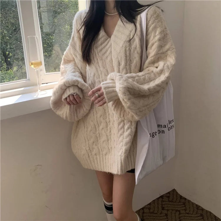 Women’s V-Neck Twisted Knit Sweater – Loose Autumn Winter Outerwear | Lazy Sleeve Soft Knitted Long Sleeve Top