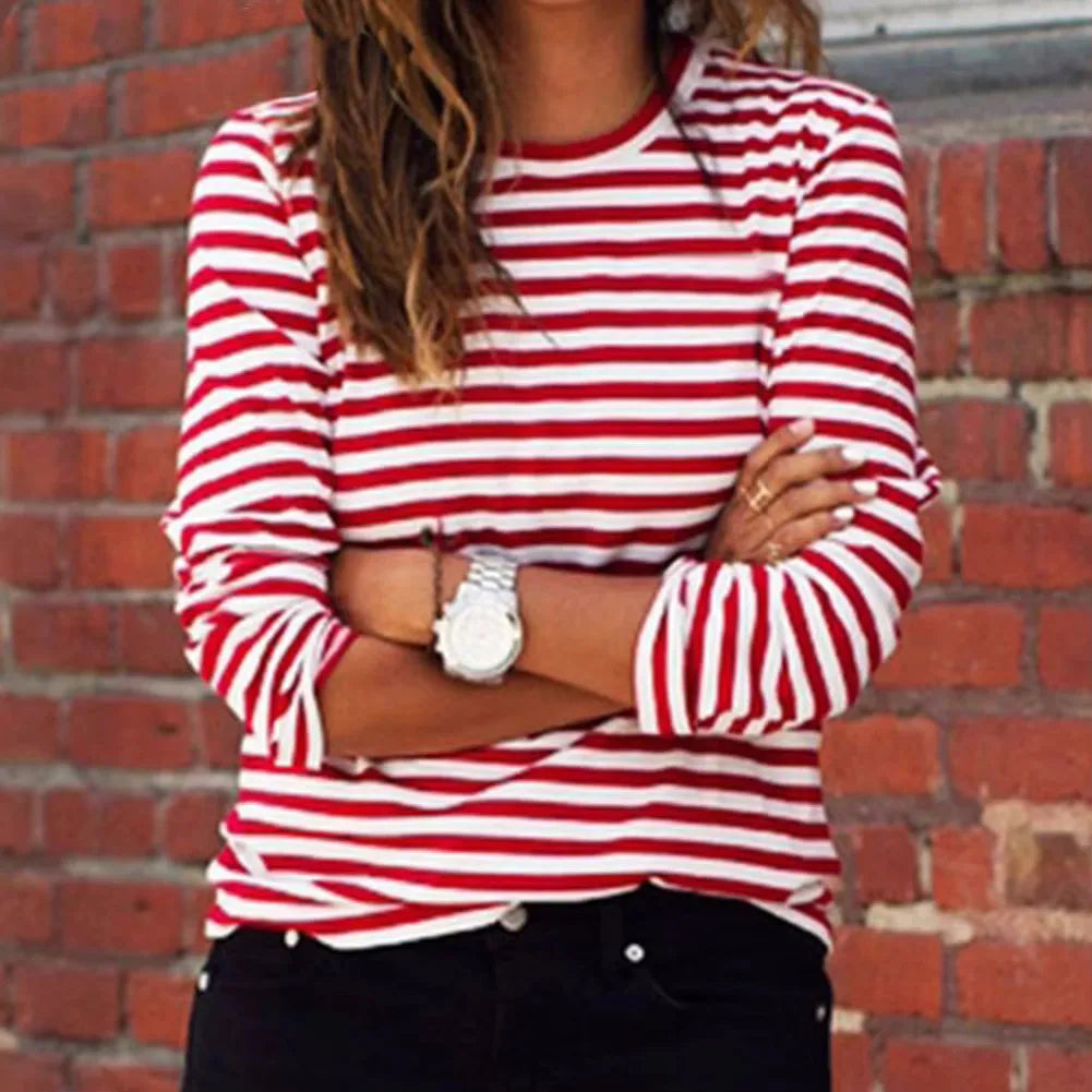 Dourbesty Women Red White Striped Long Sleeve T-Shirt | Loose Casual O-Neck Top | Autumn 2025 Pullover Tee