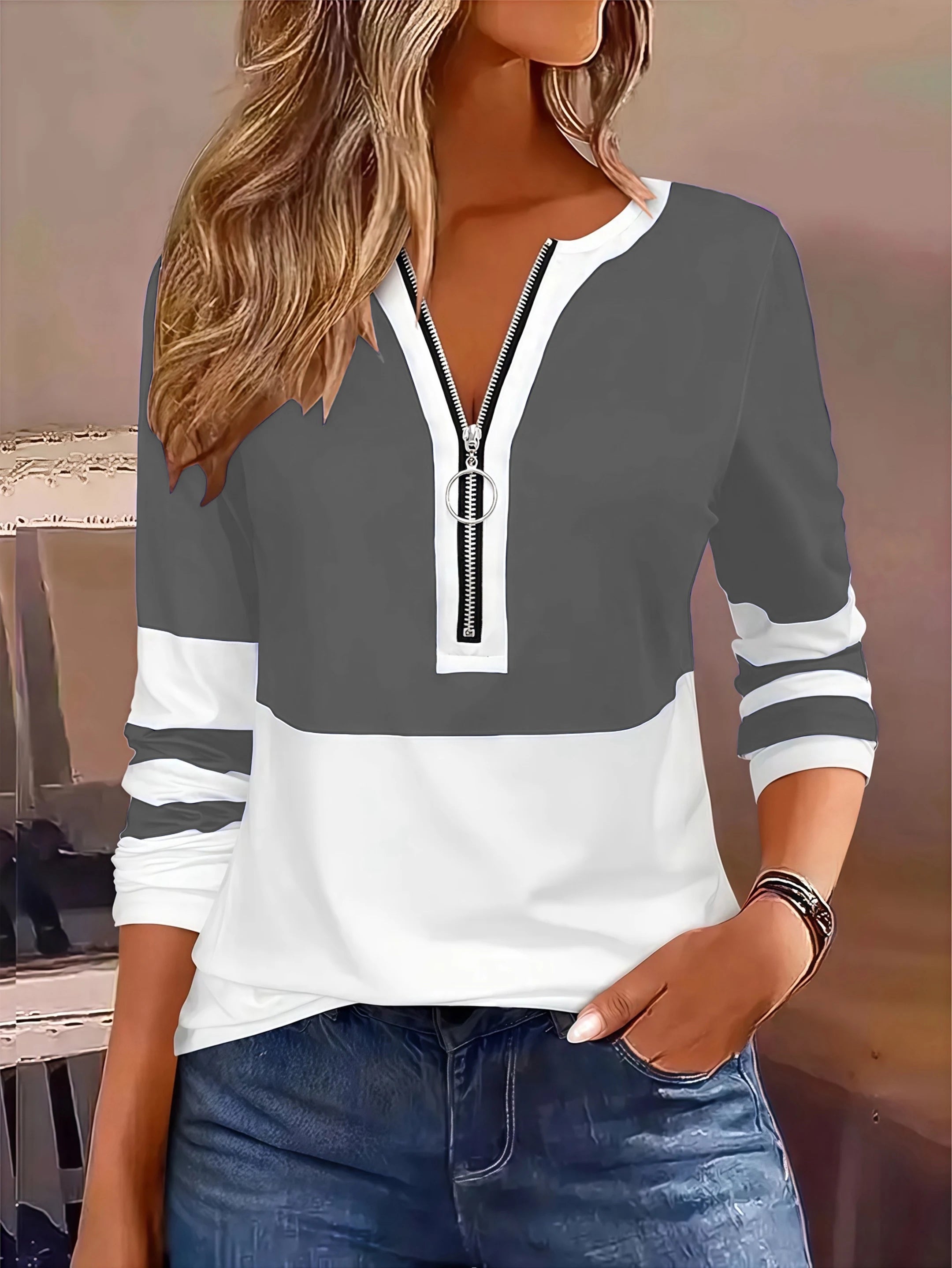 Plus Size Long Sleeve T-Shirt – Geometric Stripes & Color Block Ring Zipper Fall Fashion 🍂👚