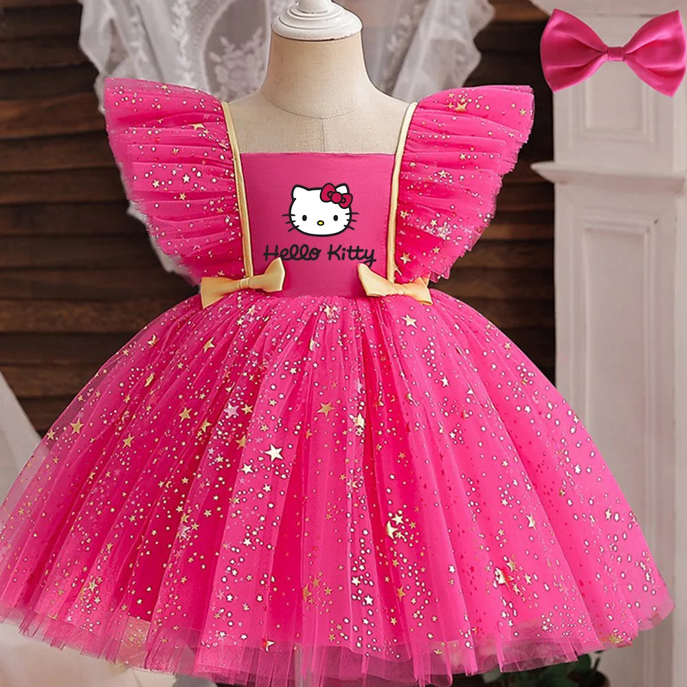 ✨ Hello Kitty Princess Dress for Girls 👑 Sequined Star Tutu Gown 🎀 Ruffle Bow Kids Party & Prom Dress