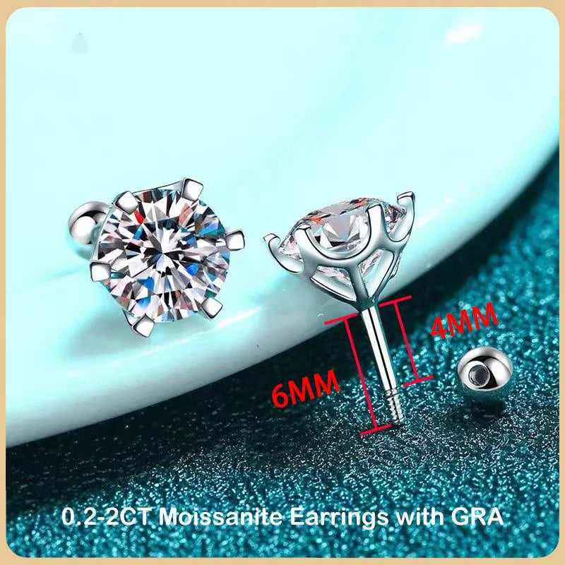 BIJOX STORY 925 Sterling Silver Moissanite Screw Stud Earrings – D Color Diamond Wedding Jewelry