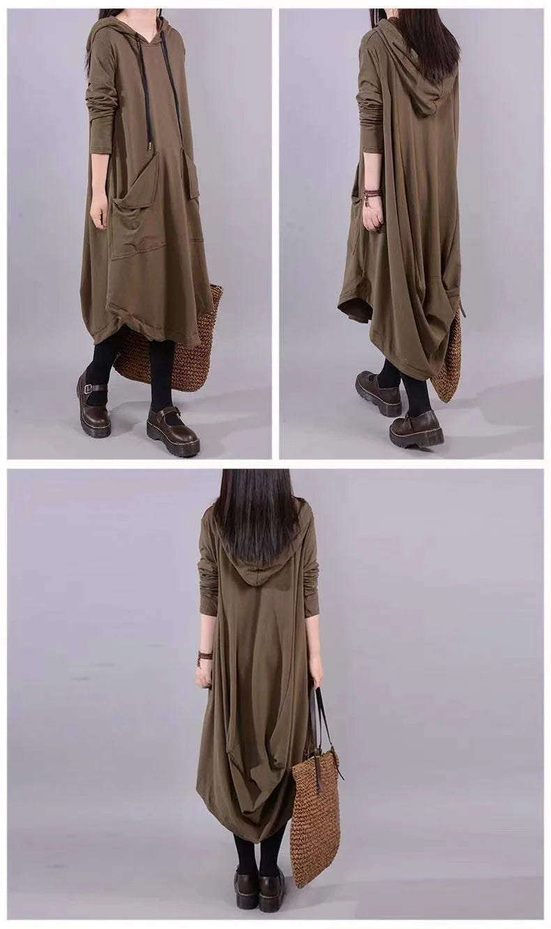 Artistic Loose Midi Dress for Plus Size Women | Autumn Hooded Long Sleeve Polyester Fiber Dress | Casual Commute Fashionable