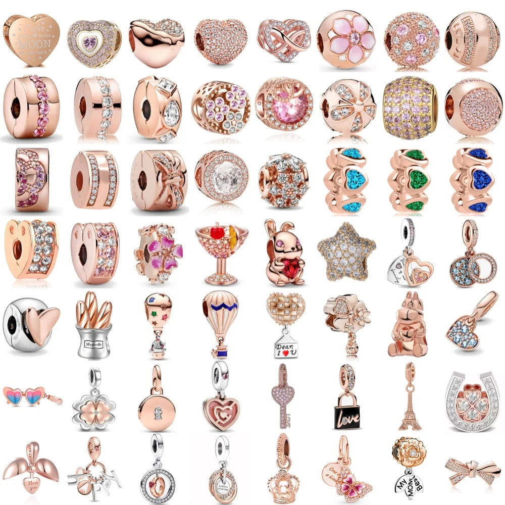 925 Sterling Silver Rose Gold Rabbit & Eiffel Tower Charm | Fit Original European Bracelet DIY Jewelry