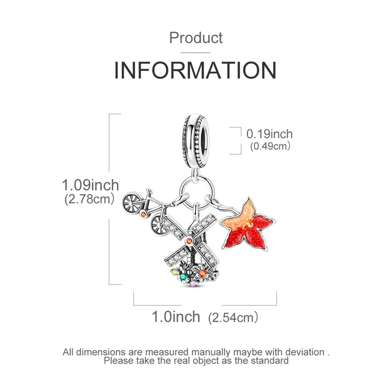 925 Sterling Silver Autumn Windmill Crane Charm Bead Fit Pandora Bracelet & Necklace
