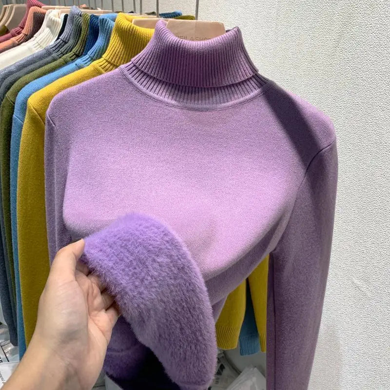 2025 Women’s High Collar Pullover Sweater – Thick Warm Soft Winter Top | Solid Color Bottoming Shirt