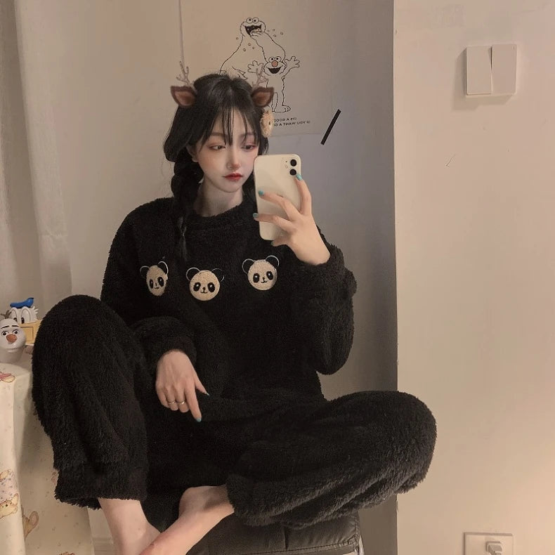 ❄️ Fleece Thick Warm Women’s Pajamas Set 🛌 Soft Winter Sleepwear | Cozy Solid Top & Plaid Pants Pijamas Home Suit ❤️