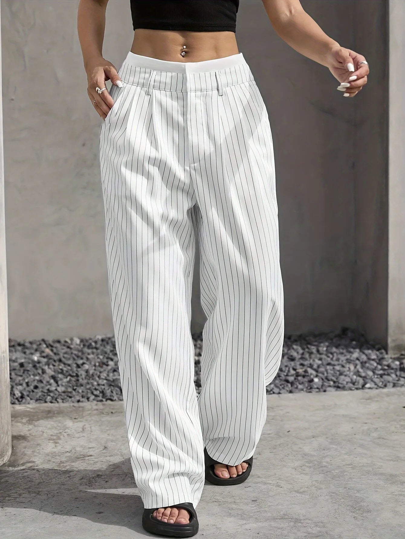Women’s High Waist Straight Leg Pinstripe Trousers | Office & Casual Striped Dress Pants with Pockets