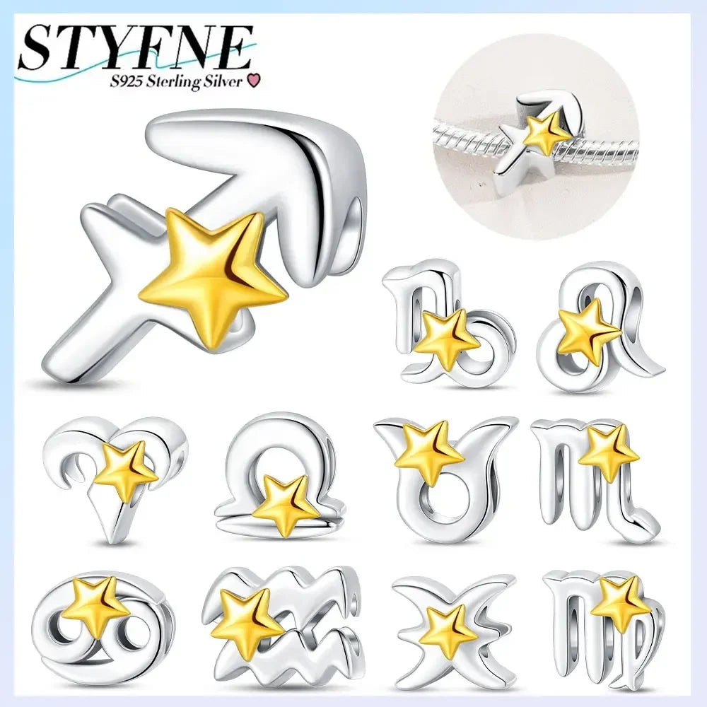 925 Silver Plated Twelve Constellations Charms Star Beads for Bracelet DIY Jewelry