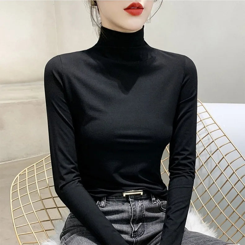 2024 Women’s Black Turtleneck Long Sleeve T-Shirt | Elegant Modal Y2K Korean Fashion Top for Autumn & Winter