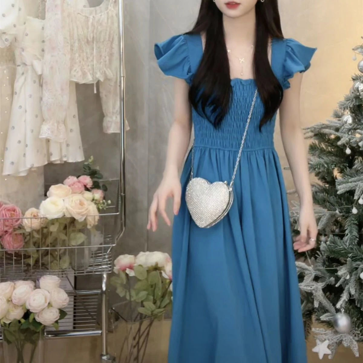 Summer 2025 Ele Hepburn Sle Tea Break Midi Dr Gathered Waist ort Sve Square Collar Pleated A-Line Dr