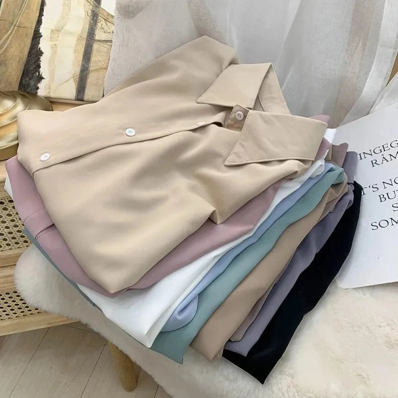 Women’s Chiffon White Shirt – Korean Fashion Loose Long Sleeve Elegant Office Blouse 🤍✨