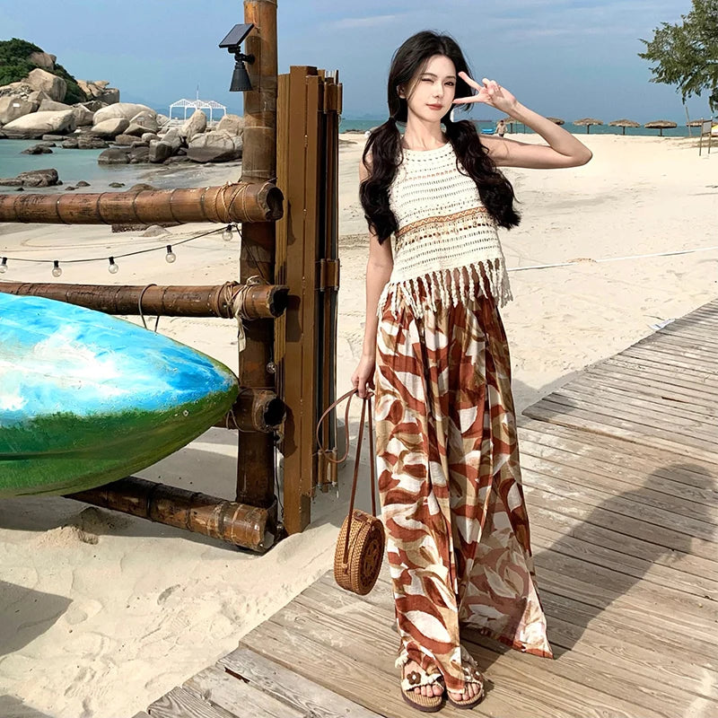 Vacation Style High Waist Wide Leg Pants – Thin Long Ethnic Print Pants for Beach & Holiday Wear