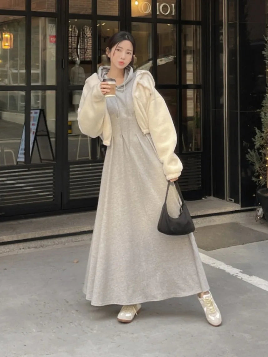 🍂 Chic Autumn Pleated Waist Slimming Long Sleeve Hooded Dress 👗 Women’s Long Dress Lazy Style Comfy Commute Wear