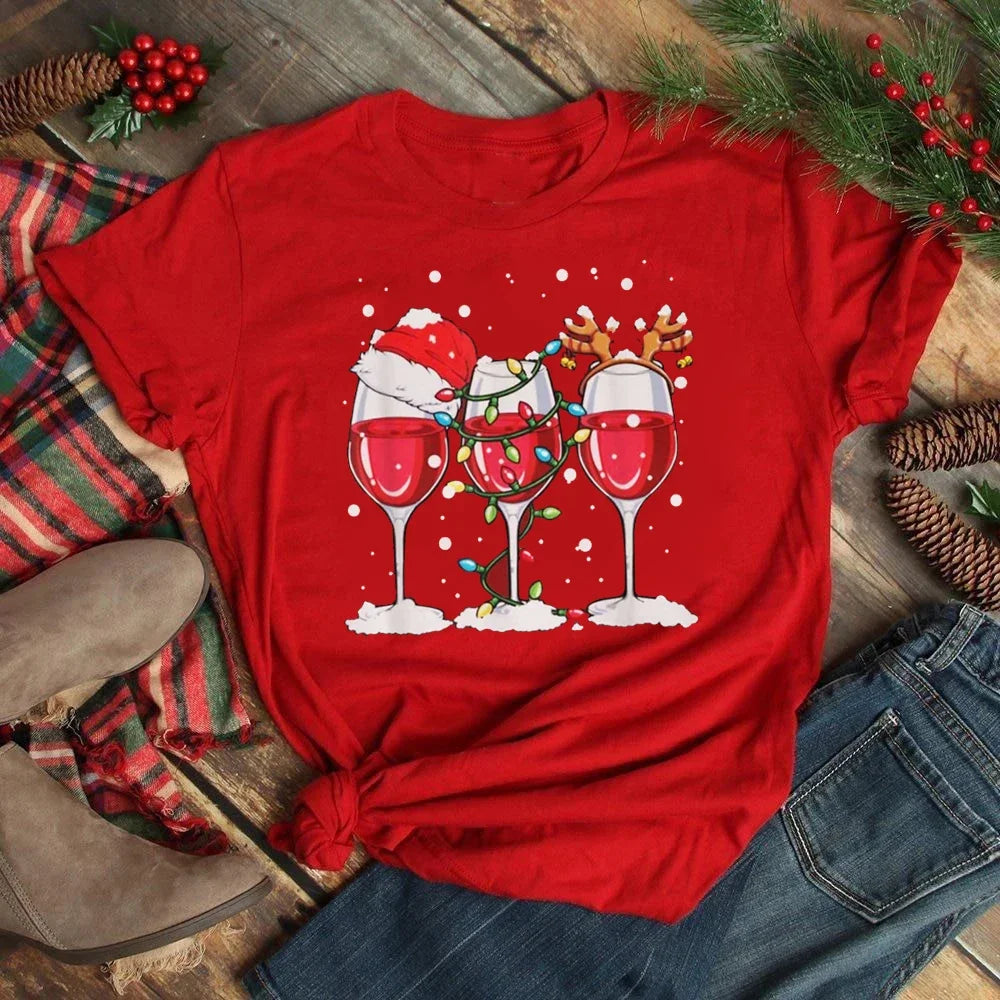 Women’s Christmas Wine Glass T-Shirt | Funny Holiday Black Tee Xmas Gift Top 2025