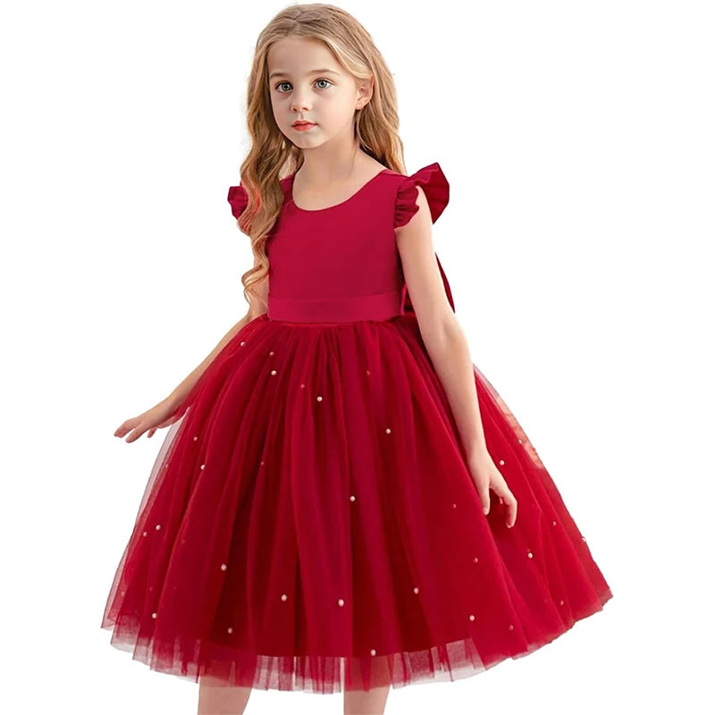 Hello Kitty Girls Pearls Dress – Elegant Princess Wedding Gown, Tulle Birthday Party Dress for Children 3-7Y