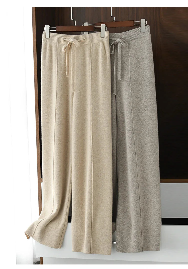 High Waist Knitted Wool Wide Leg Pants – Extended Length Drawstring Casual Loose Slimming Trousers for Autumn & Winter