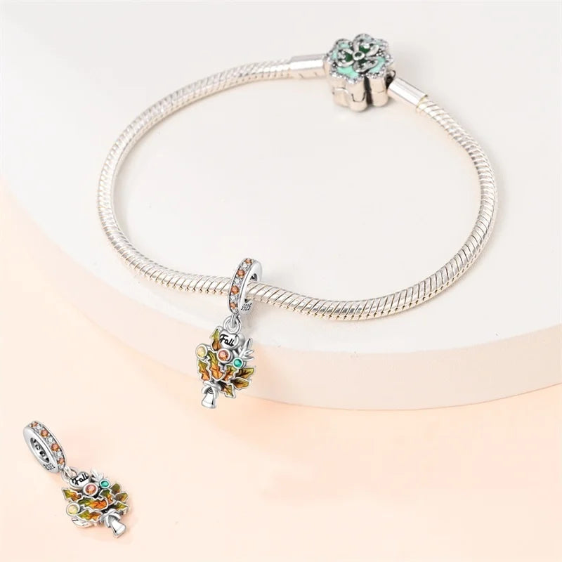 925 Sterling Silver Squirrel & Maple Leaf Charm | Shiny Zircon Autumn Beads Fit Pandora Bracelet DIY Jewelry