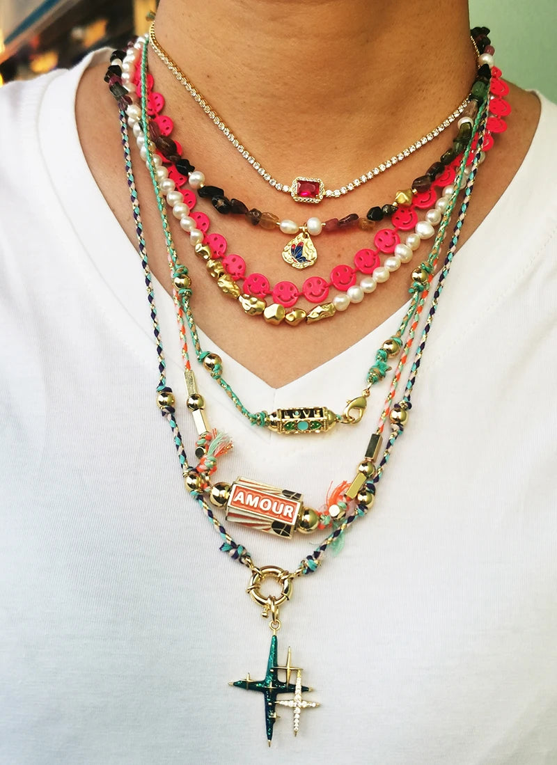 Star Celestial Evil Eye Beaded Necklace Boho Long Knot Cotton Cord Jewelry