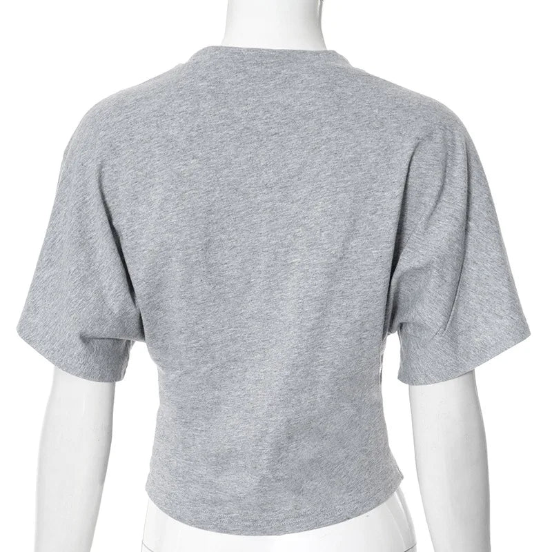 2025 Solid Gray Cropped T-Shirt for Women | Casual O-Neck Corset Top | Streetwear Short Sleeve Summer Tee