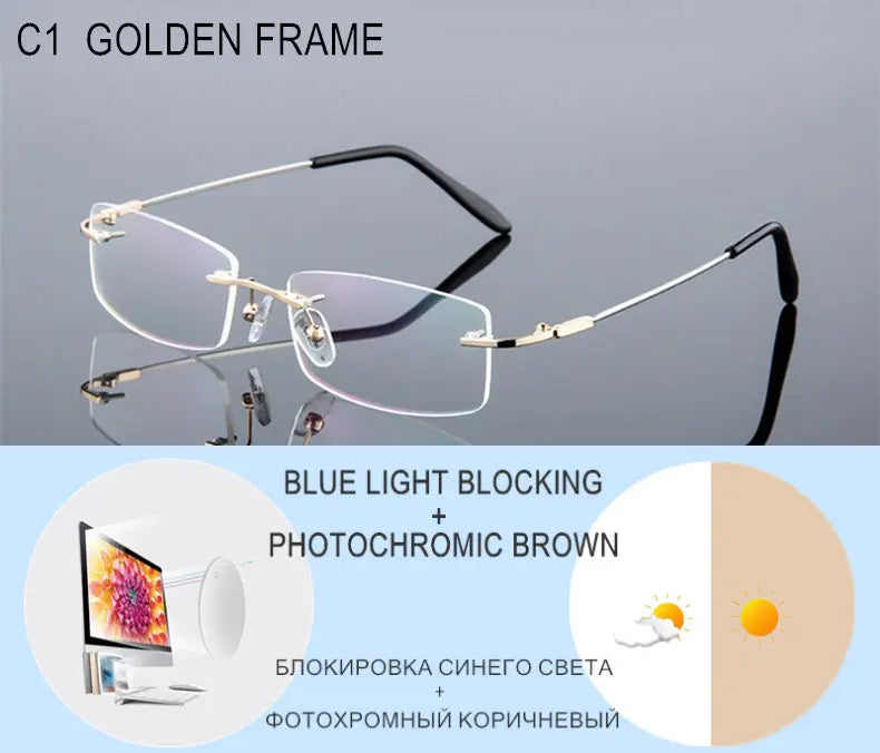 Titanium Alloy Rimless Glasses – Custom Prescription Eyewear for Men & Women | Anti Blue Ray & Photochromic Lenses