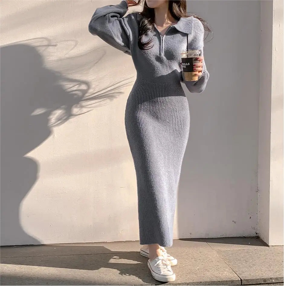Elegant Neck Knitted Bodycon Dress for Women – Soft Autumn Winter Long Sleeve Casual Comfortable Fashion Dress