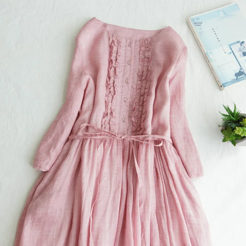 Japanese Style Women’s Long Sleeve Cotton Linen Dress | Wooden Ear Design Loose A-Line Skirt with Waist Belt