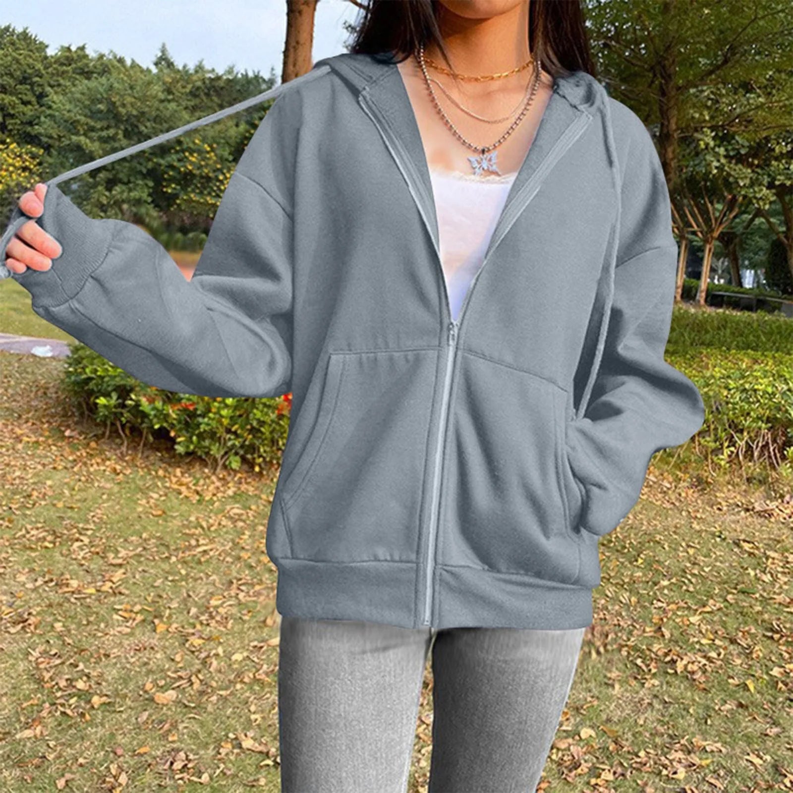 Spring Autumn Women Solid Color Hooded Sweatshirt Coat | Zipper Pocket Hoodie Jacket | Casual Outerwear Femme