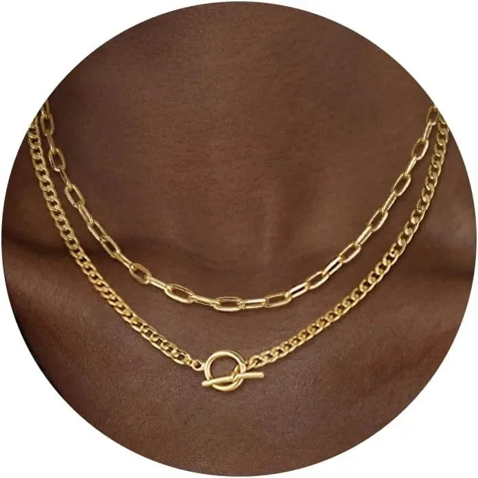 Gold Layered Cuban Link & Paperclip Chain Necklace | K Gold Plated Toggle Clasp Jewelry for Women