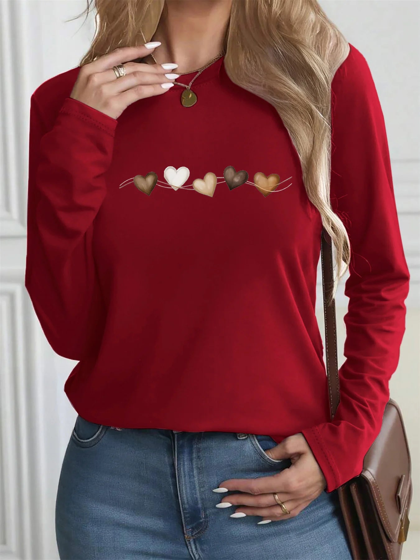 Women’s Autumn Winter 100% Cotton Heart-Print Long Sleeve T-Shirt – Casual Round Neck Top