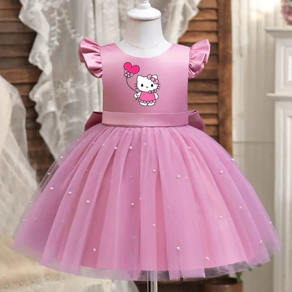 Hello Kitty Girls Pearls Dress – Elegant Princess Wedding Gown, Tulle Birthday Party Dress for Children 3-7Y