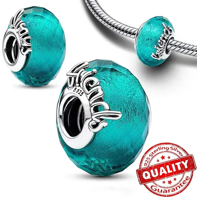 925 Sterling Silver Murano Glass Galaxy & Clover Heart Beads | Fit Pandora Bracelet DIY Jewelry Gift for Mum