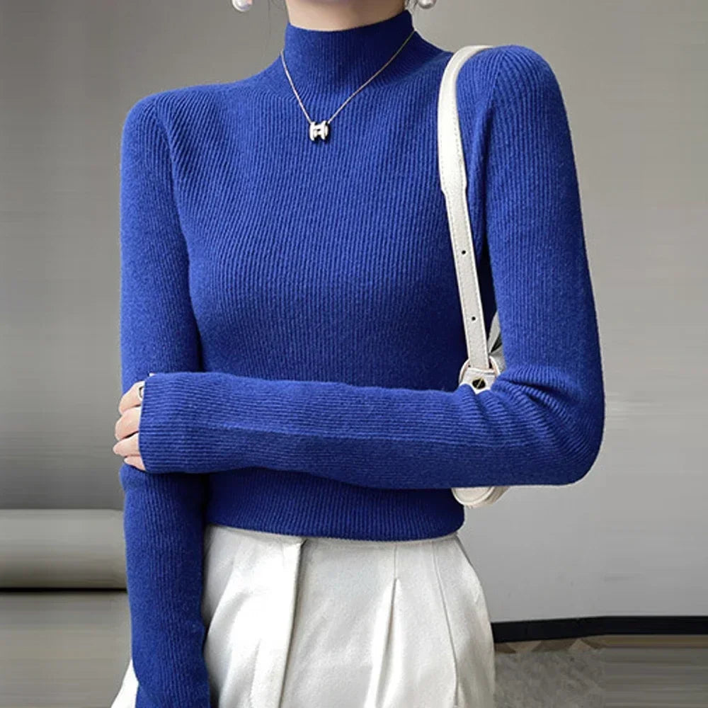 Women’s High Collar Knitted Sweater | Slim Fit Long Sleeve Top | Blue, Purple & Red Bottoming Shirt