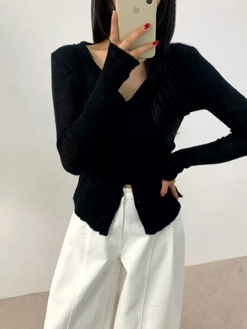 Simple round Ne Button up Knit Sweater Strap Set Casual Sle Polyester Fiber Open Cardigan for Women Autumn Winter ential