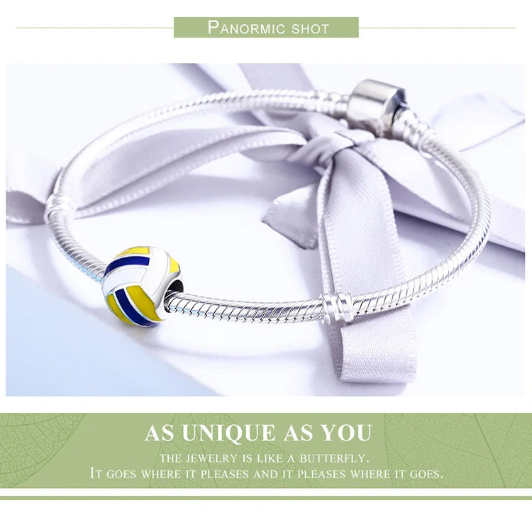 BISAER 925 Sterling Silver Ball Series Charms – Football, Volleyball, Tennis & Basketball Beads Fit Pandora Bracelet DIY Jewelry